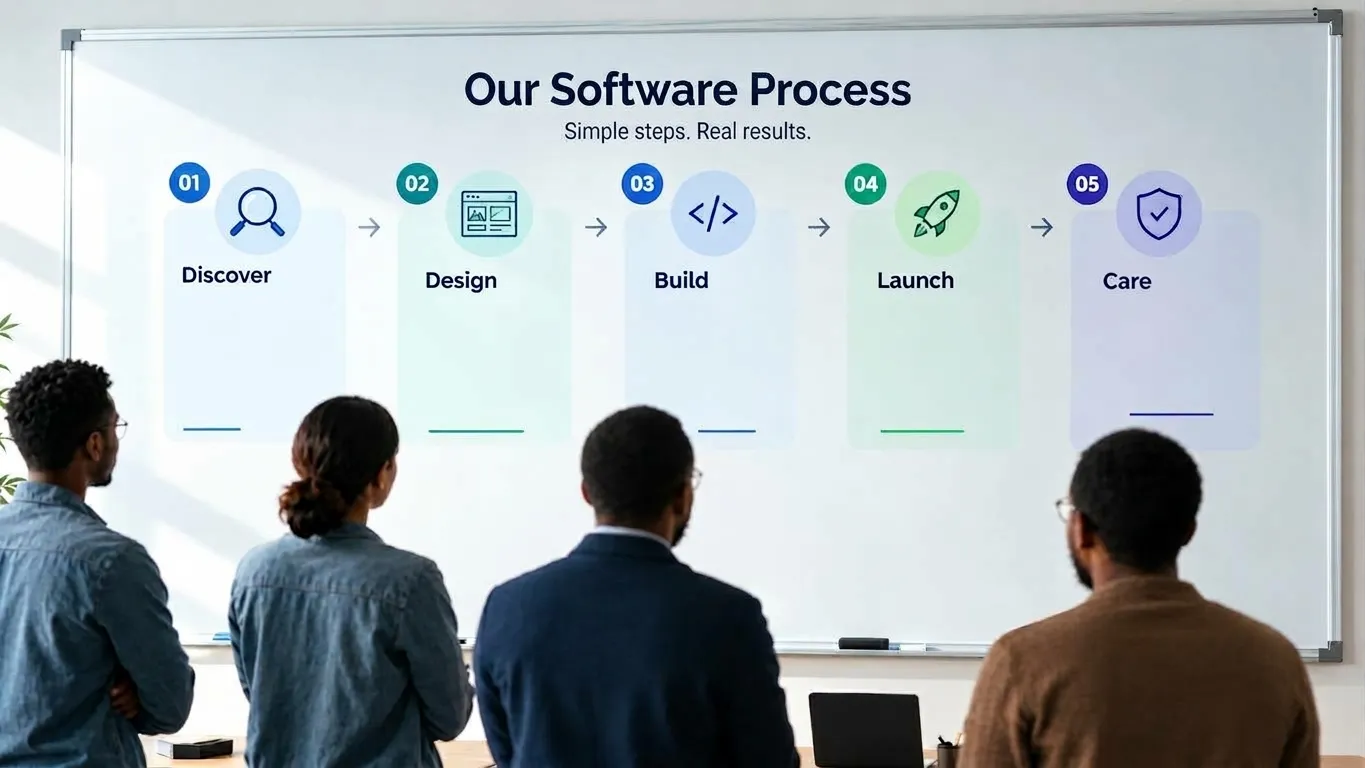A team looking at a whiteboard of the five-step process: Discover, Design, Build, Launch and Care