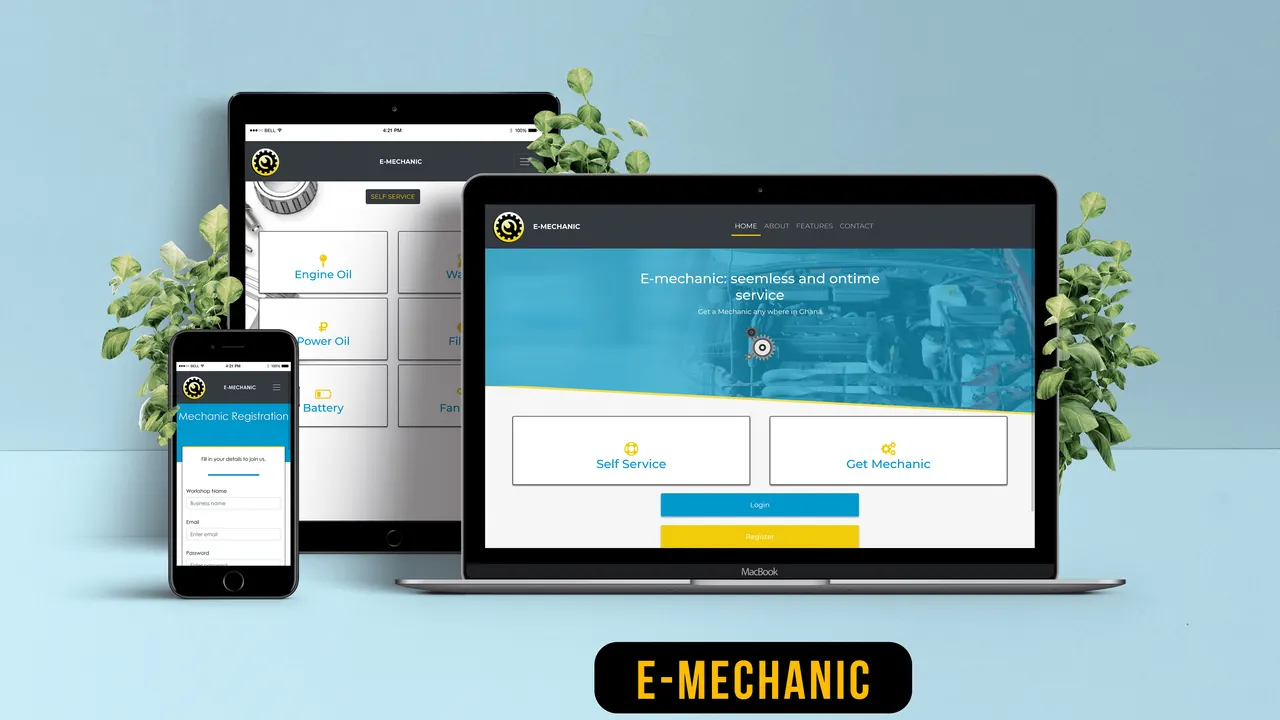 The E-Mechanic mobile web app shown on desktop and mobile